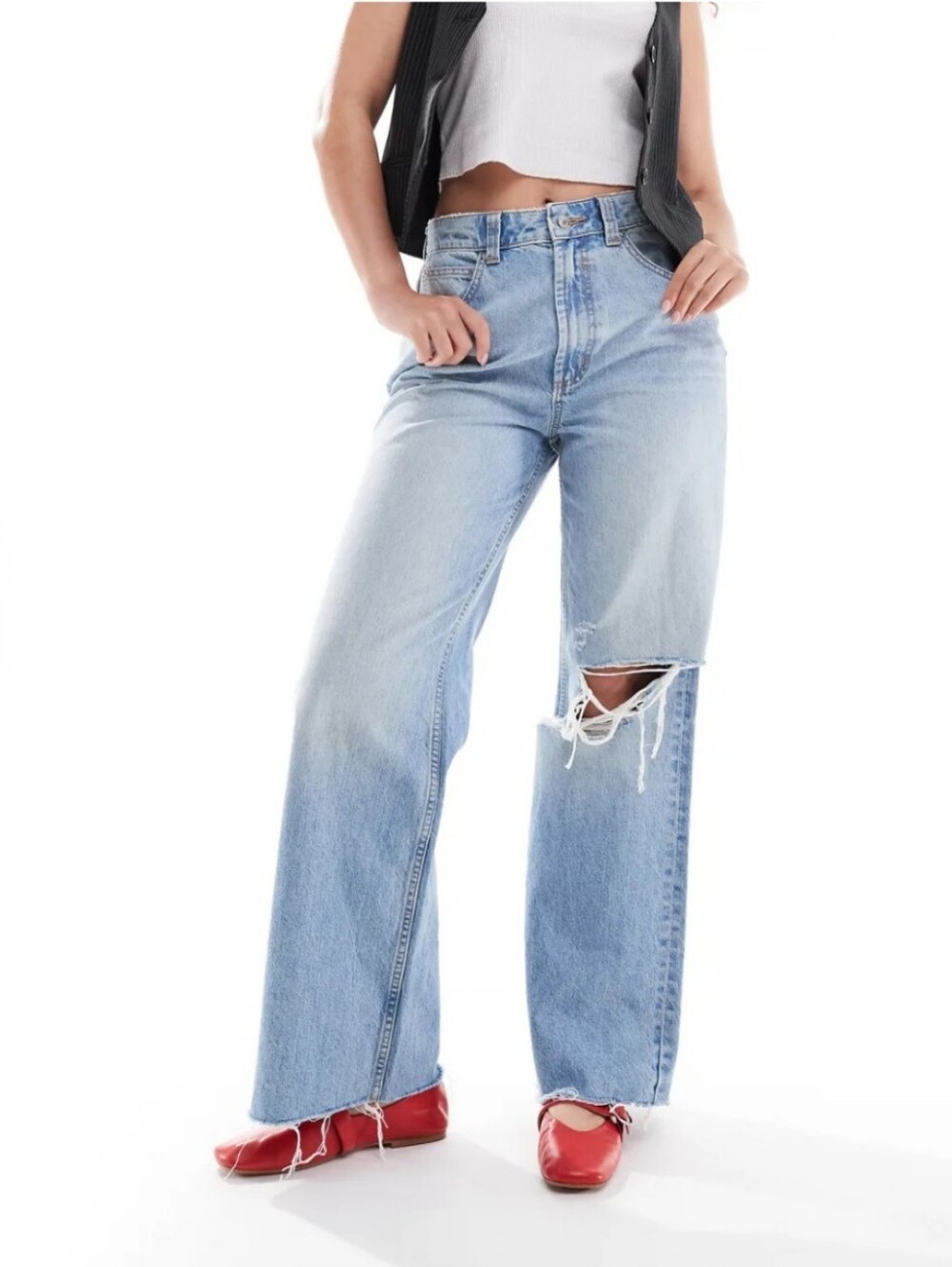 ASOS DESIGN Hourglass wide leg dad jeans in mid blue with rips